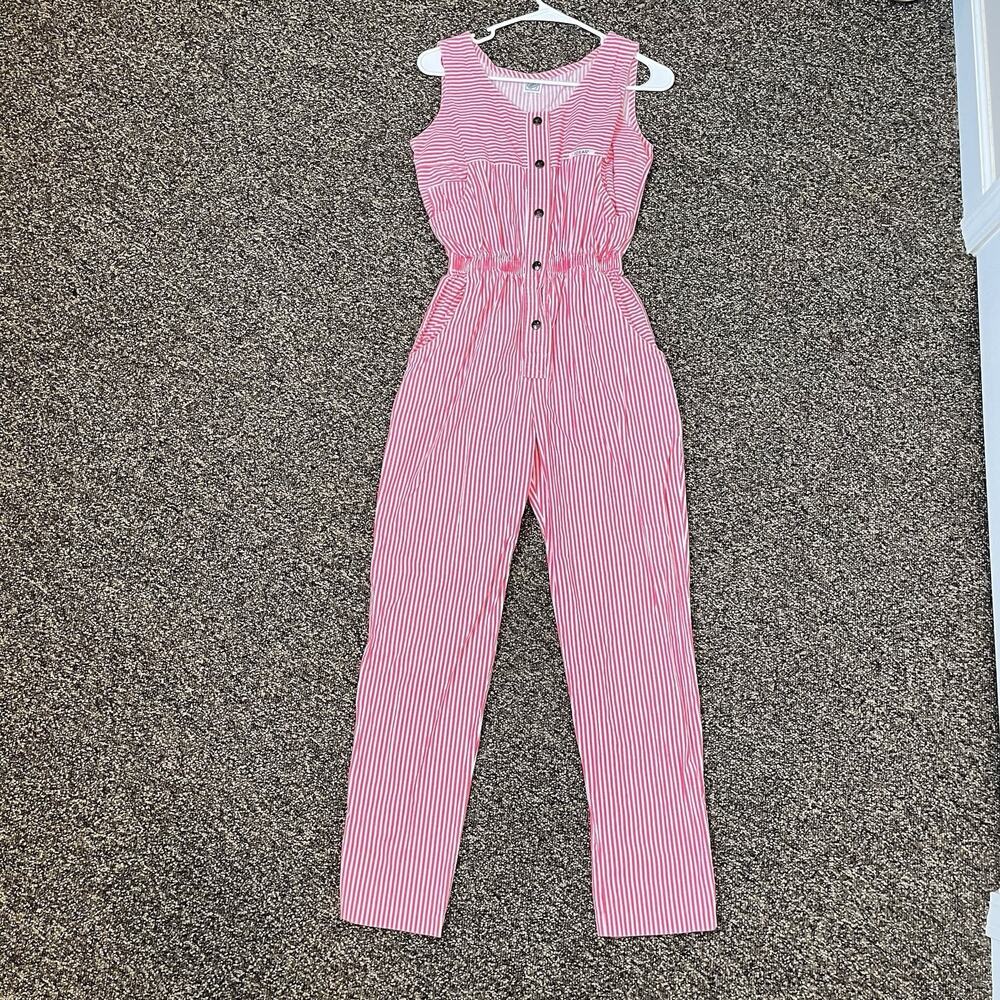 Vintage 80’s IDEAS XS Striped Sleeveless Jumpsuit Snaps Pockets Elastic Waist